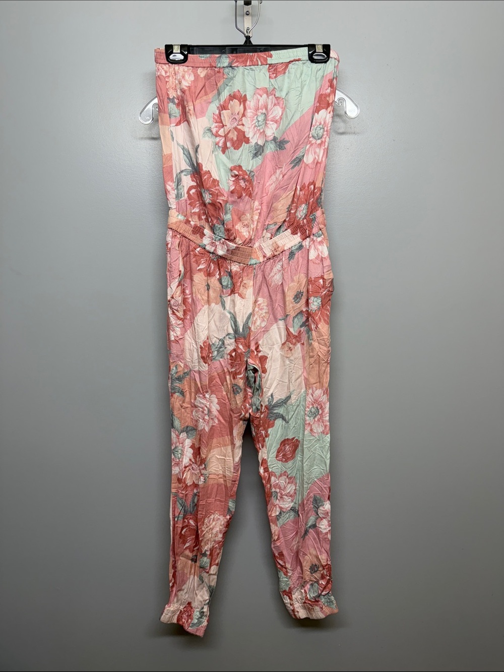 Aritzia Azure Skies Floral Pink & Light Blue Strapless Jumpsuit